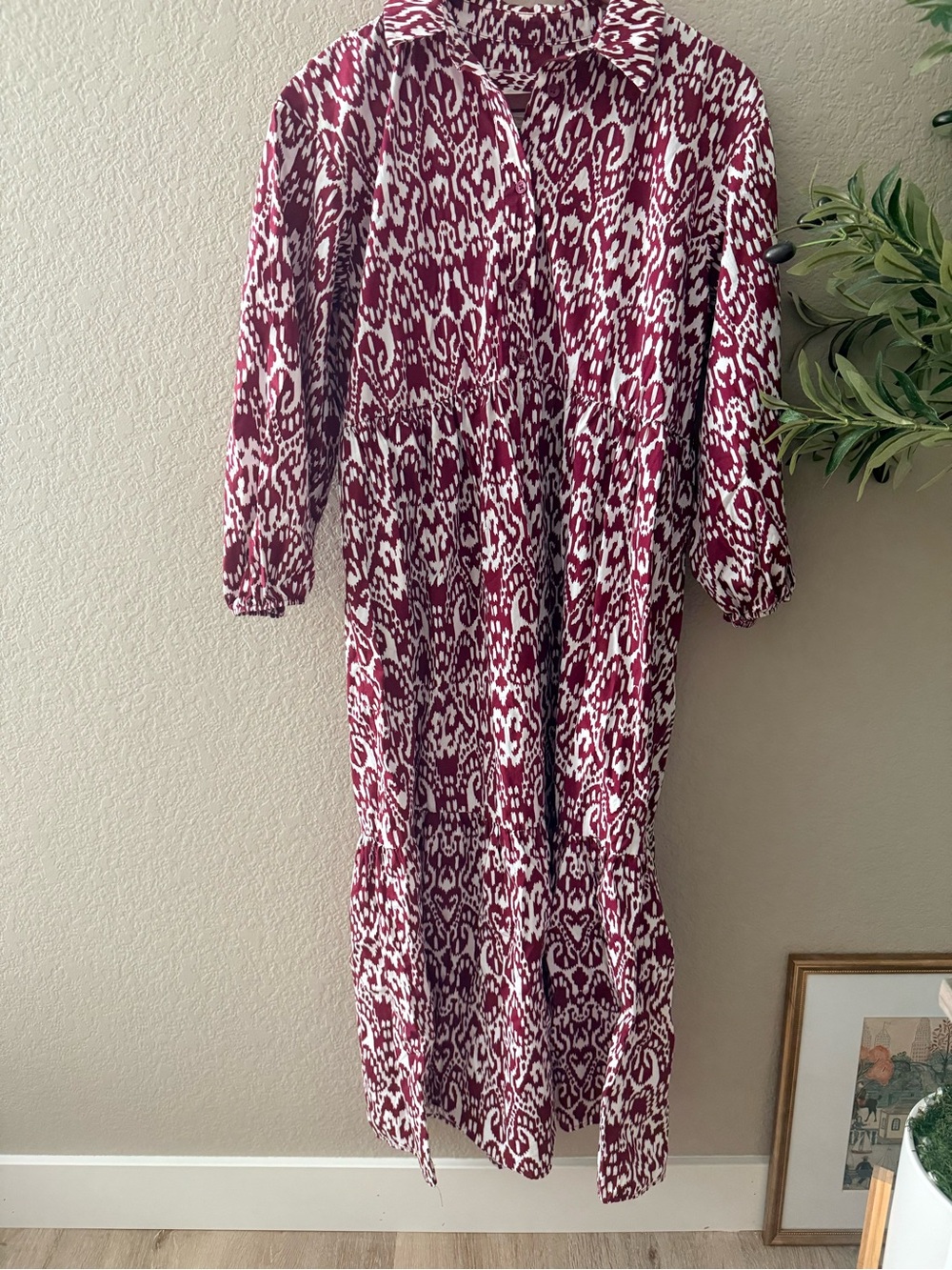 Maeve Anthropologie Burgundy White Print Tiered Midi Dress Holiday Size S/M